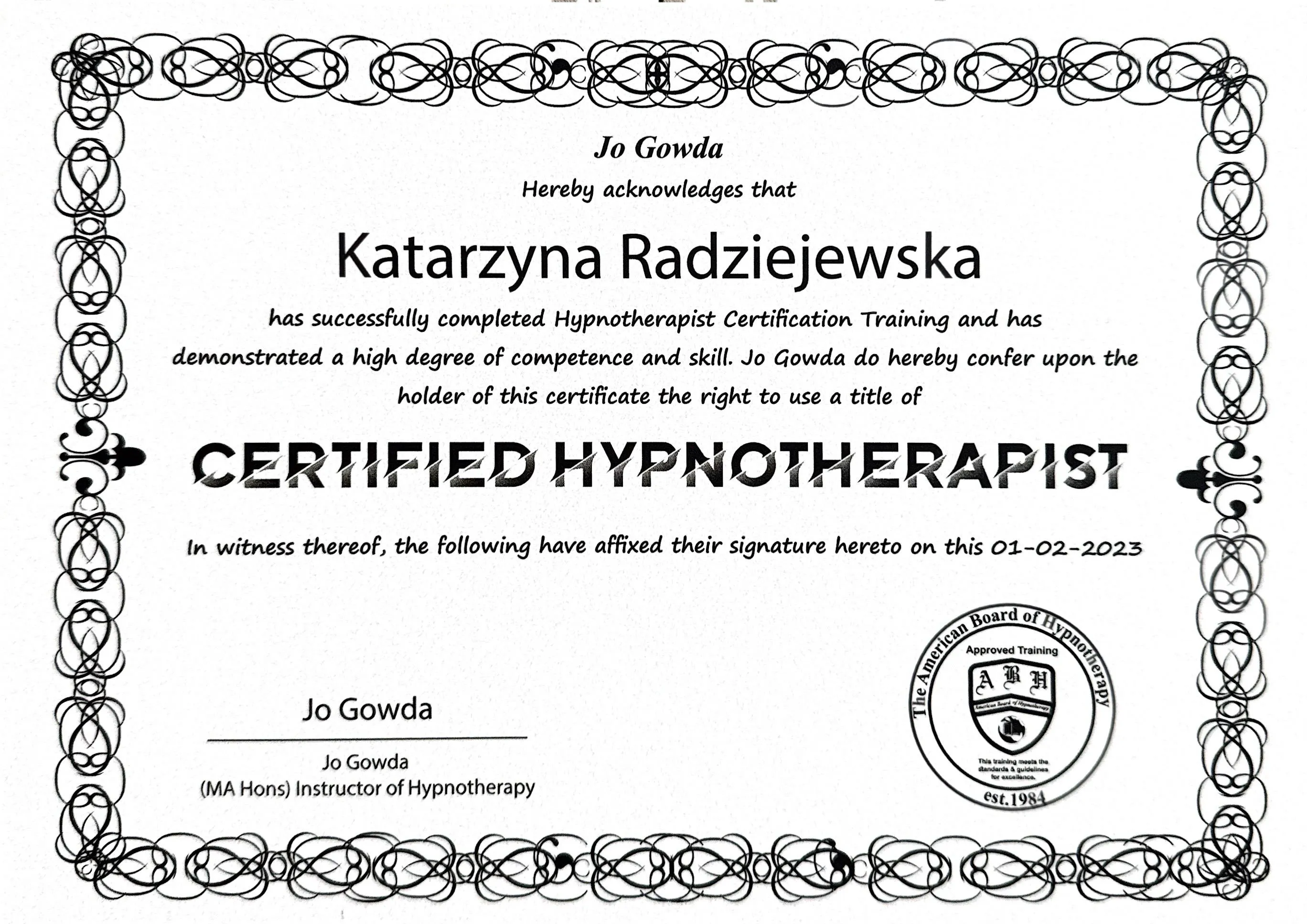 Certyfikat Certified Hypnotherapist, American Board of Hypnotherapy