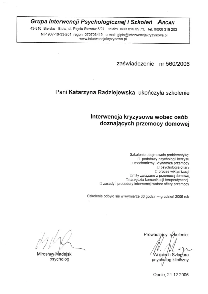 Zaświadczenie: Interwencja kryzysowa wobec osób doznających przemocy domowej