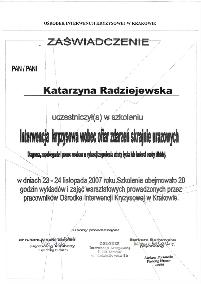 Zaświadczenie: Interwencja kryzysowa wobec ofiar zdarzeń skrajnie urazowych
