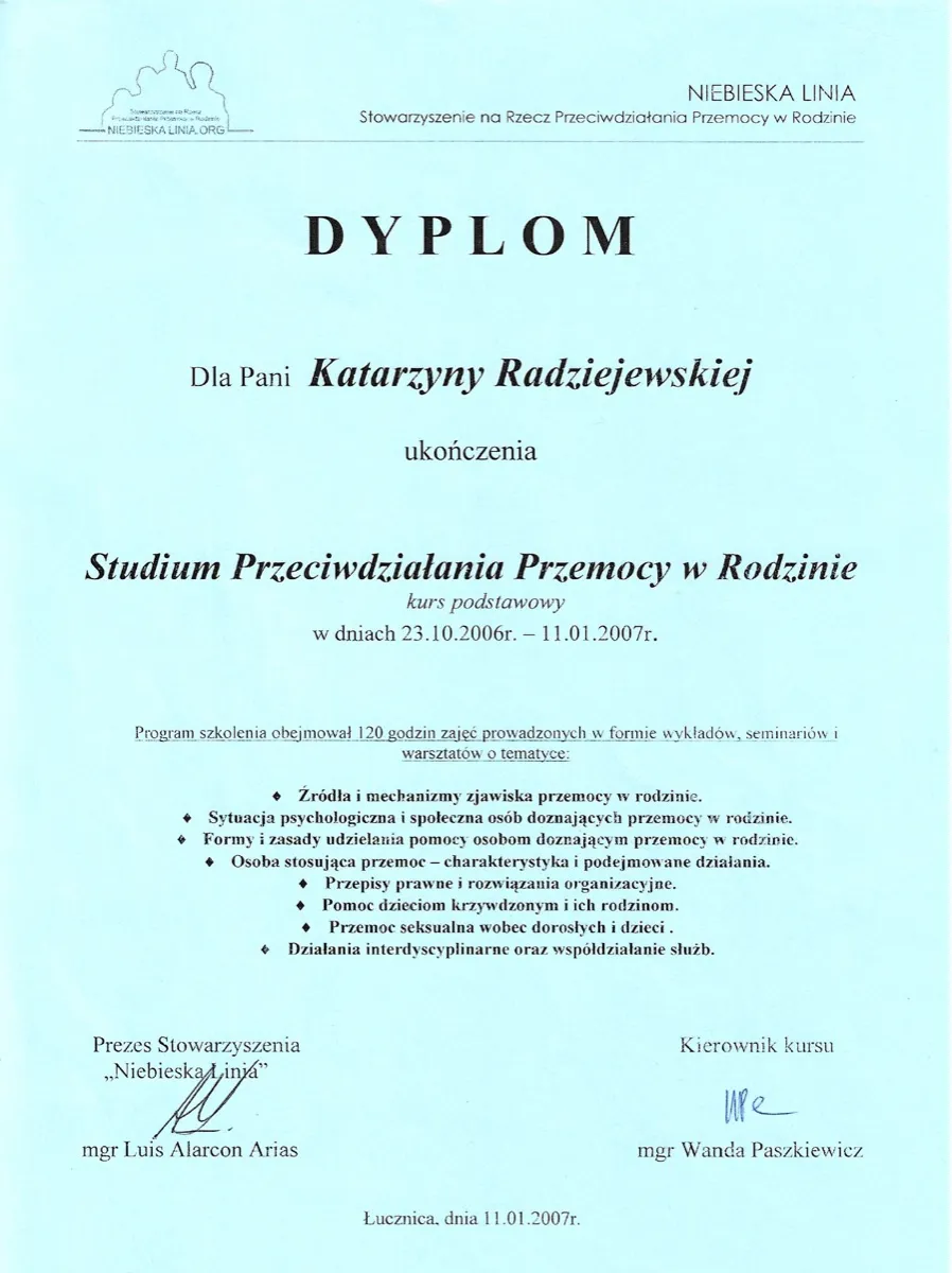 Dyplom: Studium Przeciwdziałania Przemocy w Rodzinie, kurs podstawowy