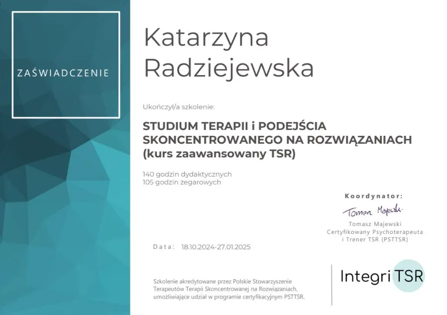 Zaświadczenie: Studium Terapii i Podejścia Skoncentrowanego na Rozwiązaniach, kurs zaawansowany TSR